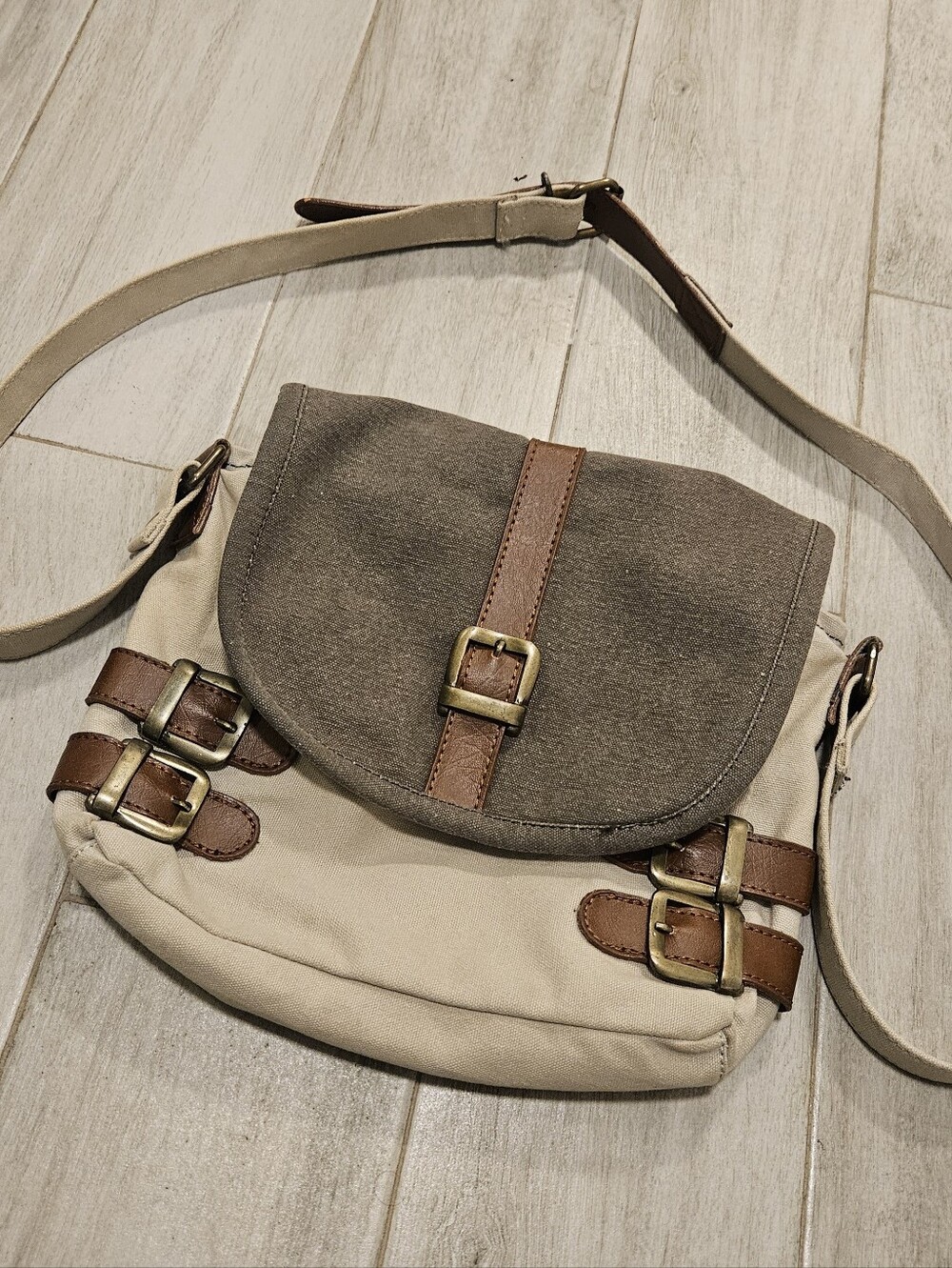 Mona B Canvas Crossbody Bag with Buckle Accent - Beige and Brown